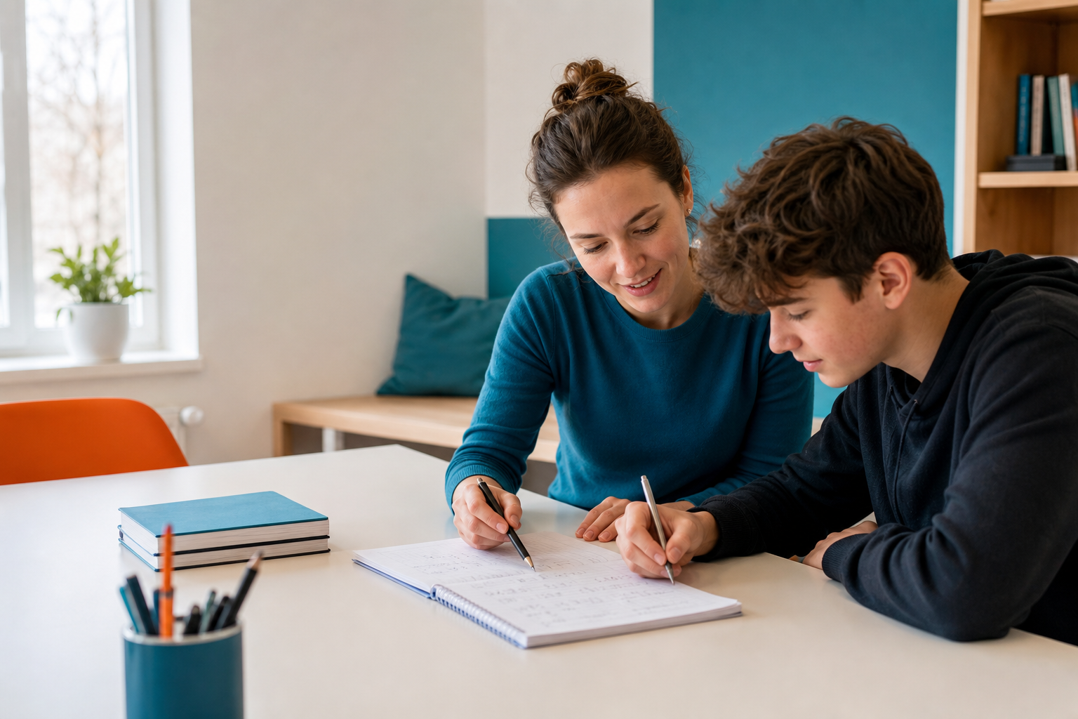 Nachhilfelehrerin unterstützt einen Schüler beim gemeinsamen Lösen einer Mathematikaufgabe